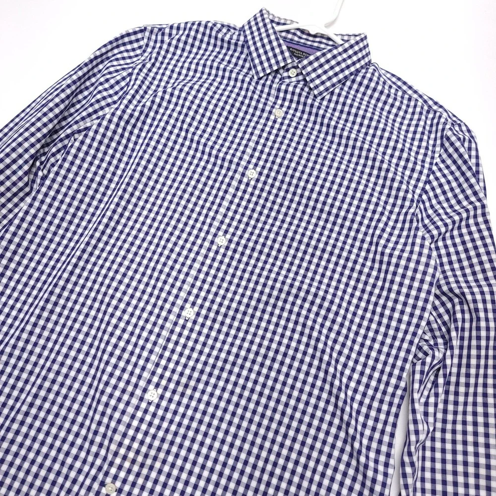 Banana Republic Mens XL Shirt Button Up Non Iron‎ Slim Fit Checked Blue READ